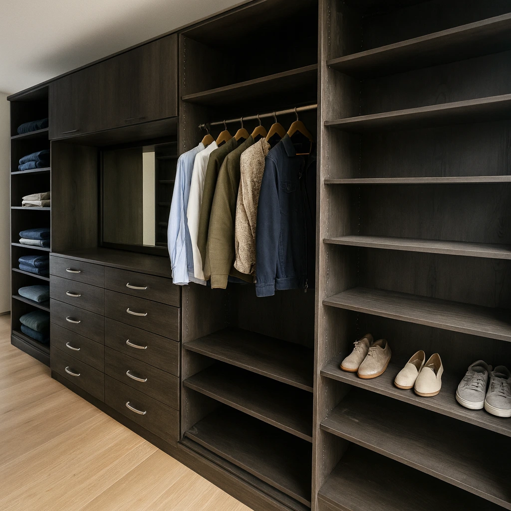 walk-in closet showcasing many shelves and hanging clothes