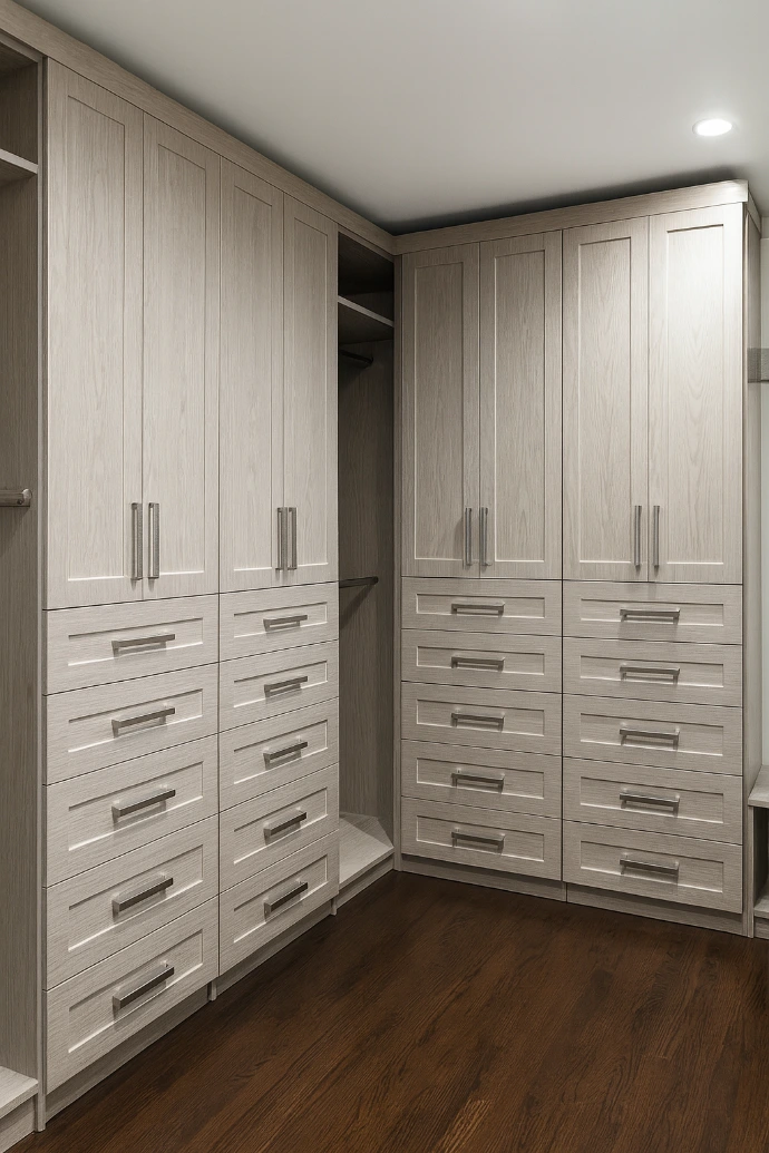 white wardrobe with silver handles