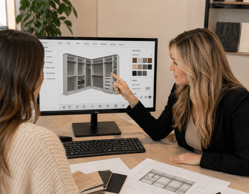 hi-tech employee showing a contractor a 3D closet design on the computer