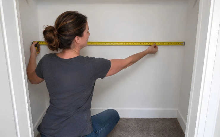 women measuring her reach-in closet space